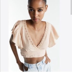 Zara Linen Pink Cropped Flutter Top